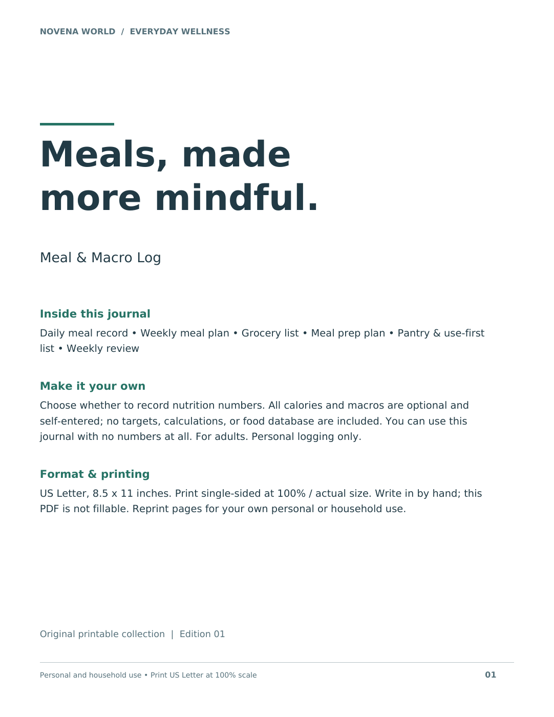 Meal & Macro Log — Printable Food and Calorie Journal cover