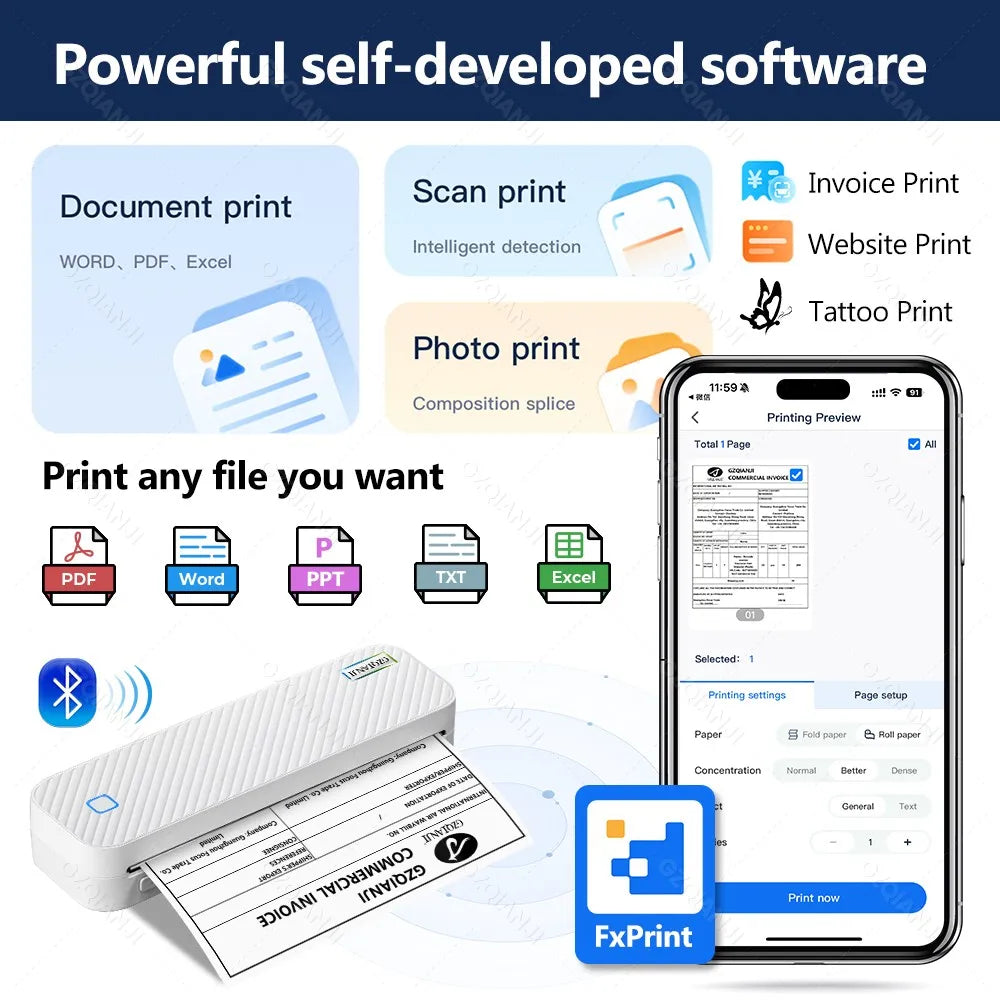 Portable A4 Bluetooth Thermal Printer - Inkless Mobile Document Printer