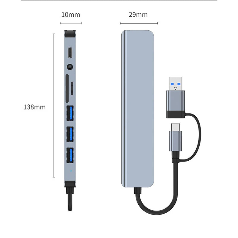 8 -in- 1 USB-C Hib Docking Station - Multiport Adapter for Laptop & Tablet