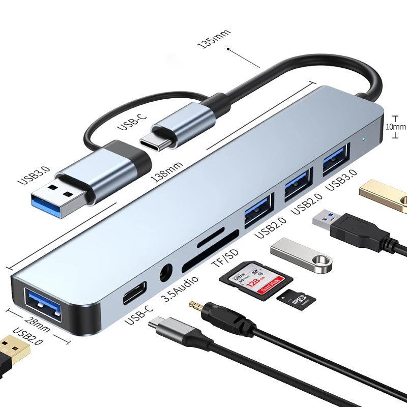 8 -in- 1 USB-C Hib Docking Station - Multiport Adapter for Laptop & Tablet