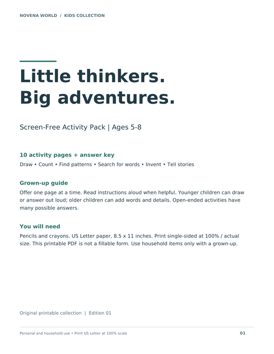 Kids Screen-Free Activity Pack PDF cover, ages 5 to 8, ten activity pages and answer key