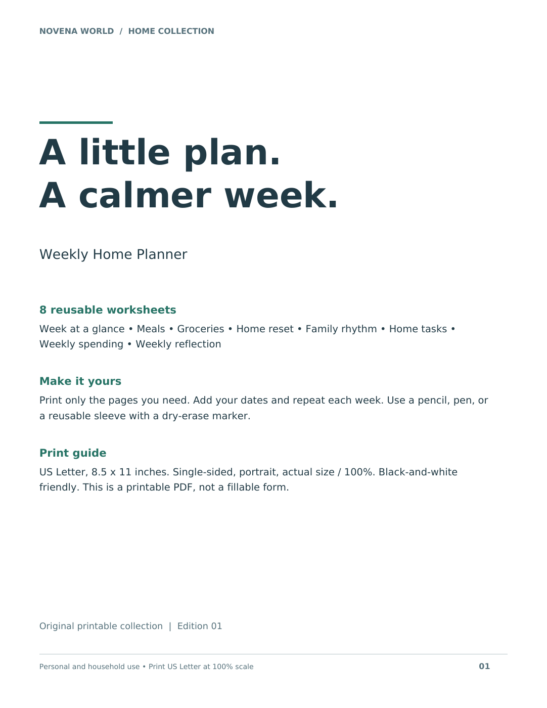 Weekly Home Planner PDF cover, eight reusable worksheets