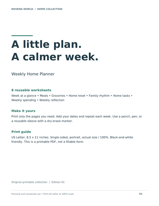 Weekly Home Planner PDF cover, eight reusable worksheets
