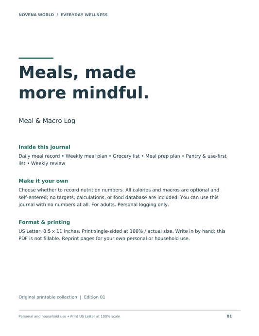 Meal & Macro Log — Printable Food and Calorie Journal cover